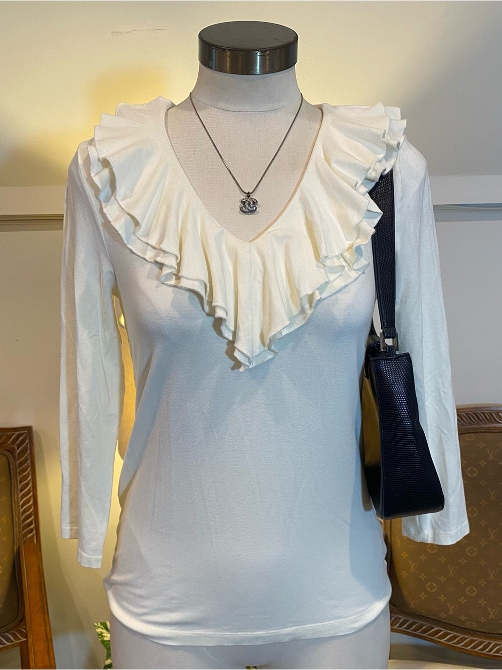 Ralph Lauren White Ruffle V-Neck Long Sleeve Top Rayon Size M